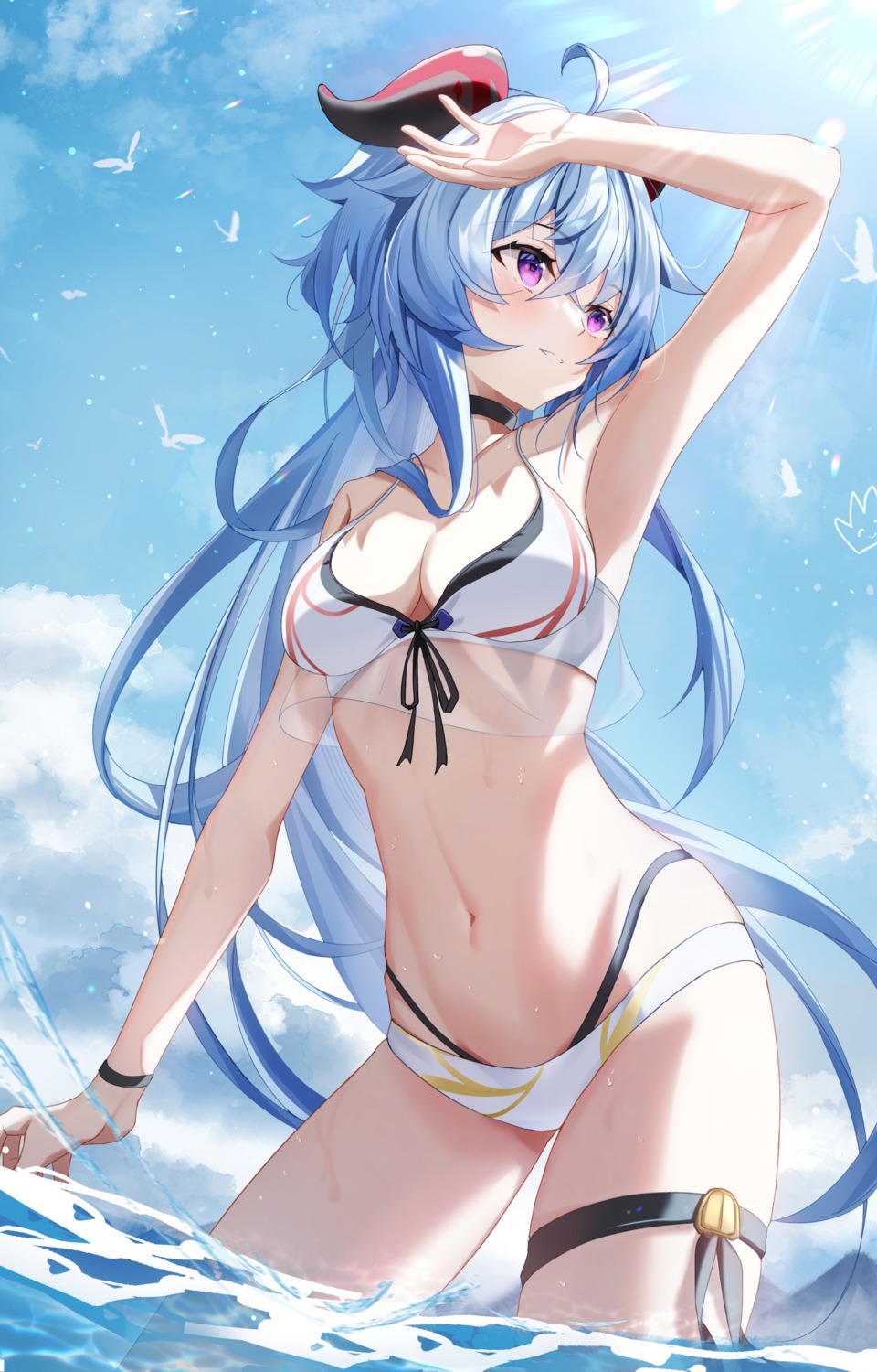 bikini ganyu garter genshin_impact hishiki_(pixi14719710) horns see_through swimsuits wet