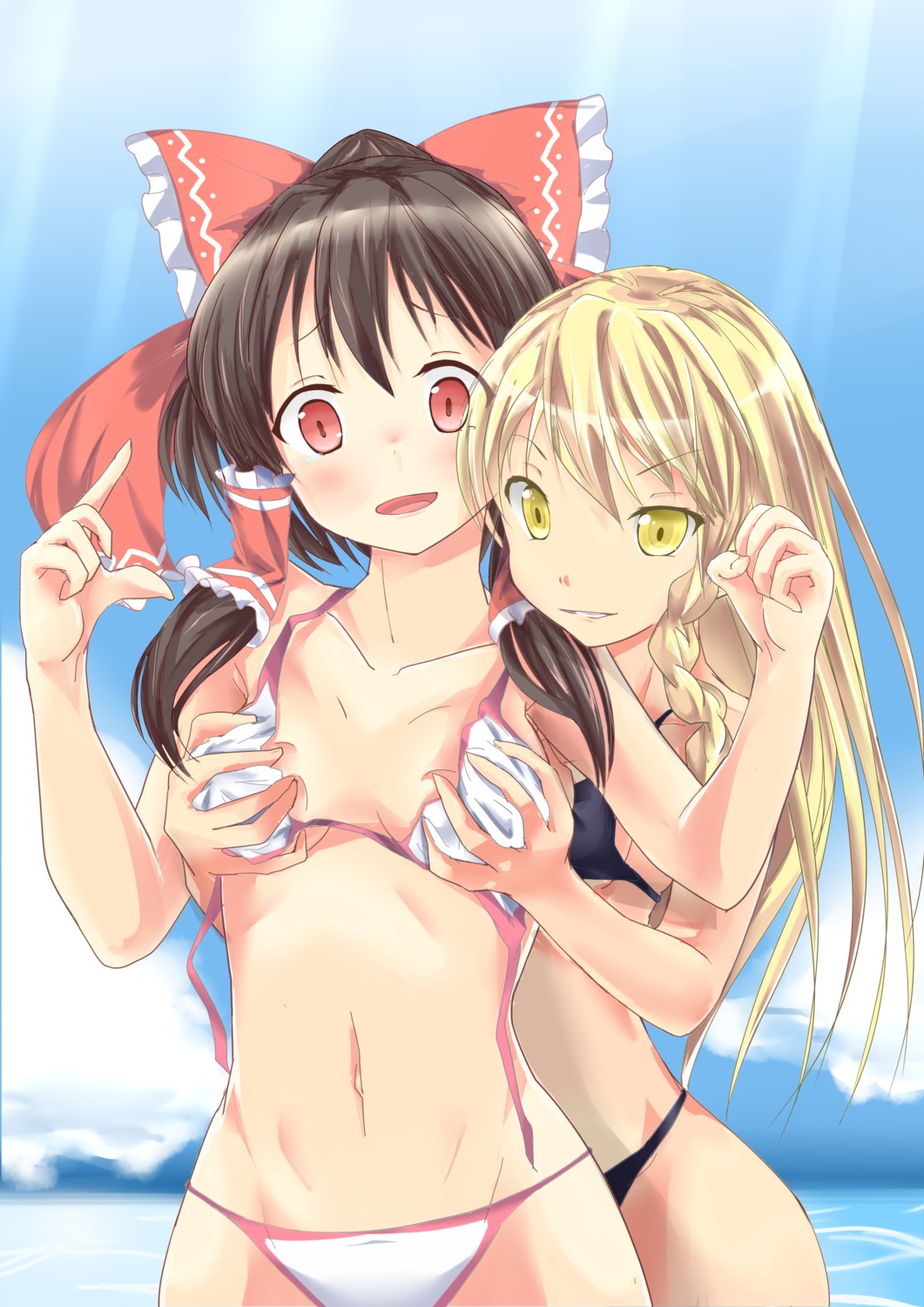 bikini breast_grab hakurei_reimu kirisame_marisa nagisa_(imizogami) swimsuits touhou