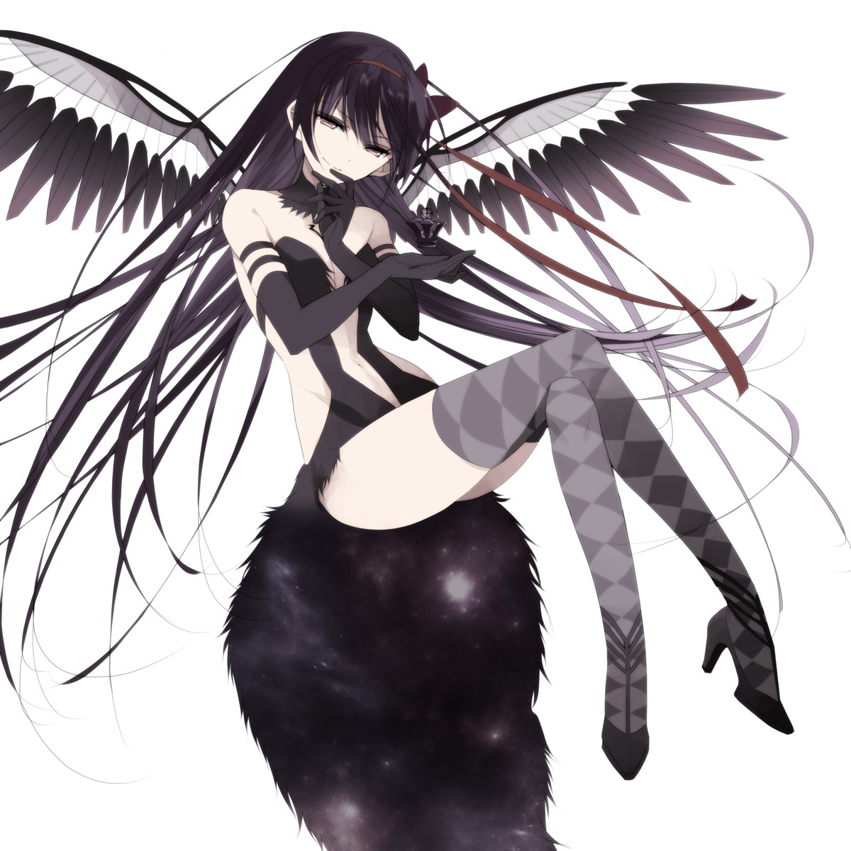 akemi_homura dress heels misteor no_bra nopan puella_magi_madoka_magica thighhighs wings