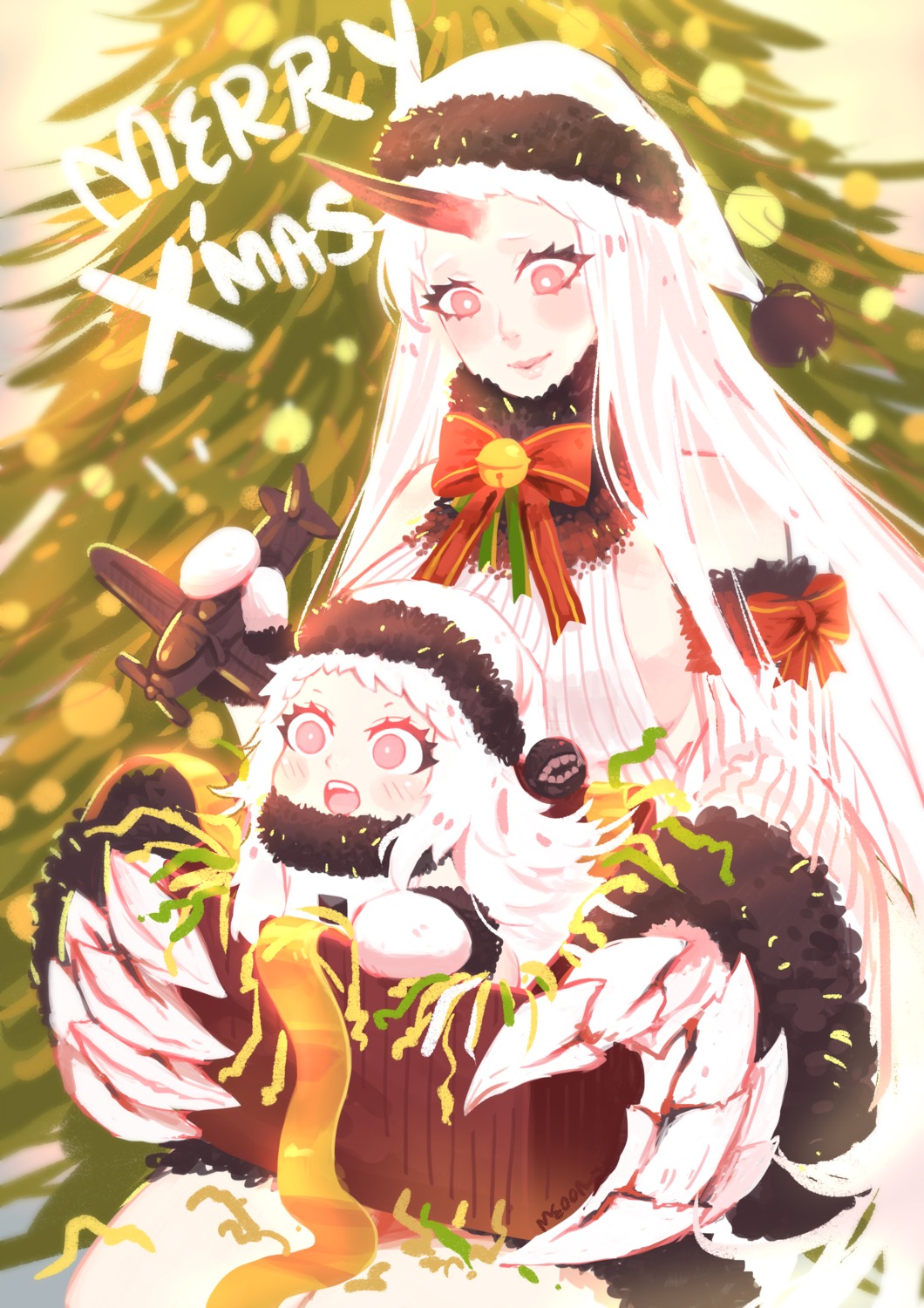 christmas dress horns kantai_collection meoon no_bra northern_ocean_hime seaport_hime