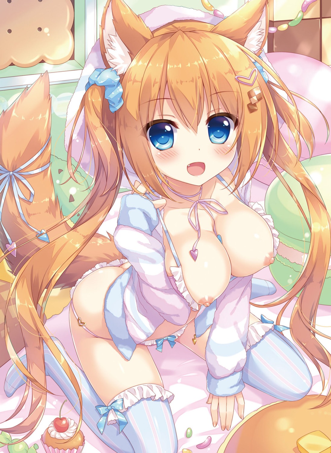 ameto_yuki bra breasts digital_version nipples open_shirt pantsu thighhighs