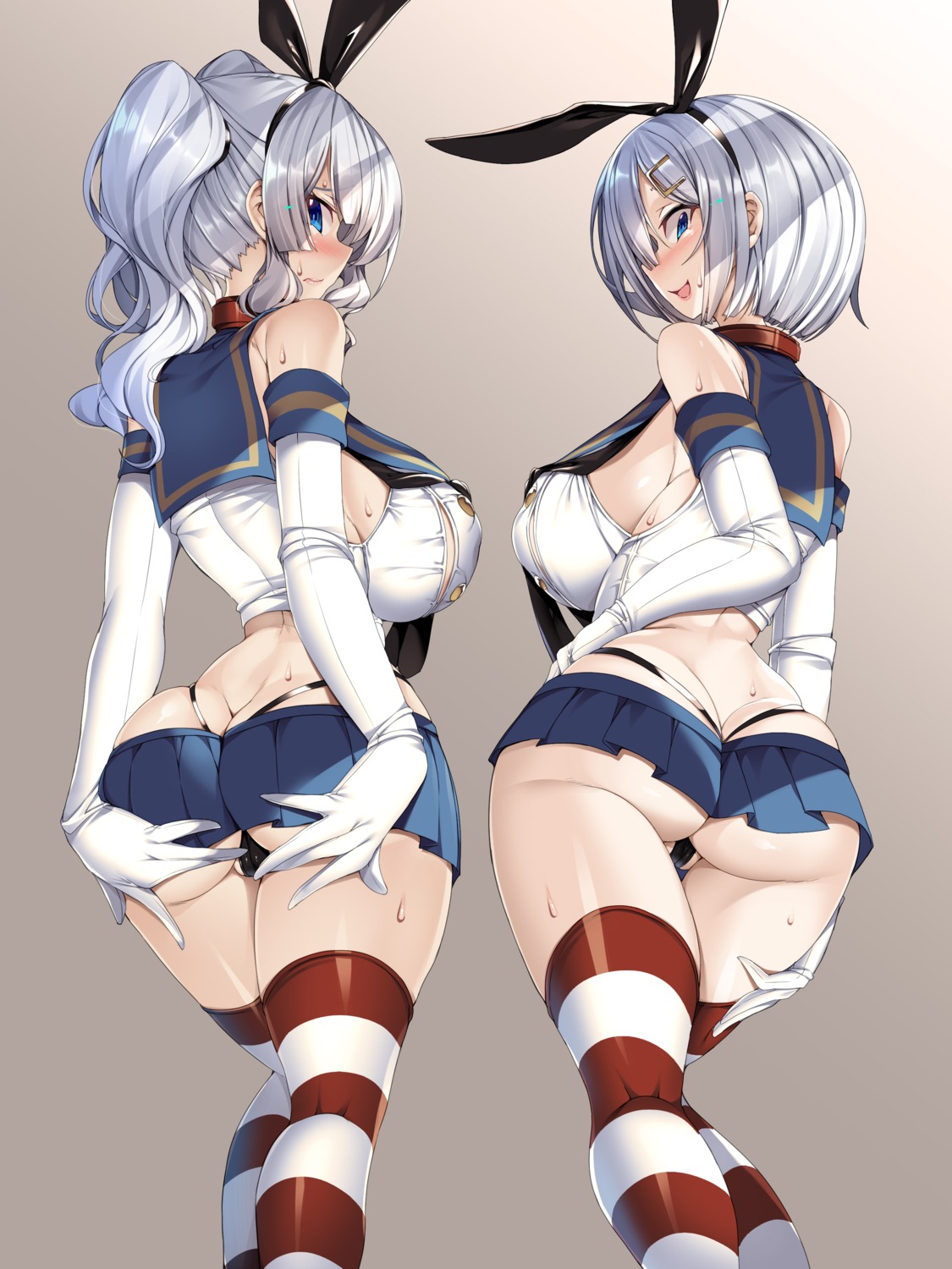 animal_ears ass bunny_ears cameltoe cosplay hamakaze_(kancolle) kantai_collection kashima_(kancolle) no_bra pantsu seifuku shimakaze_(kancolle) skirt_lift thighhighs thong torisan wet