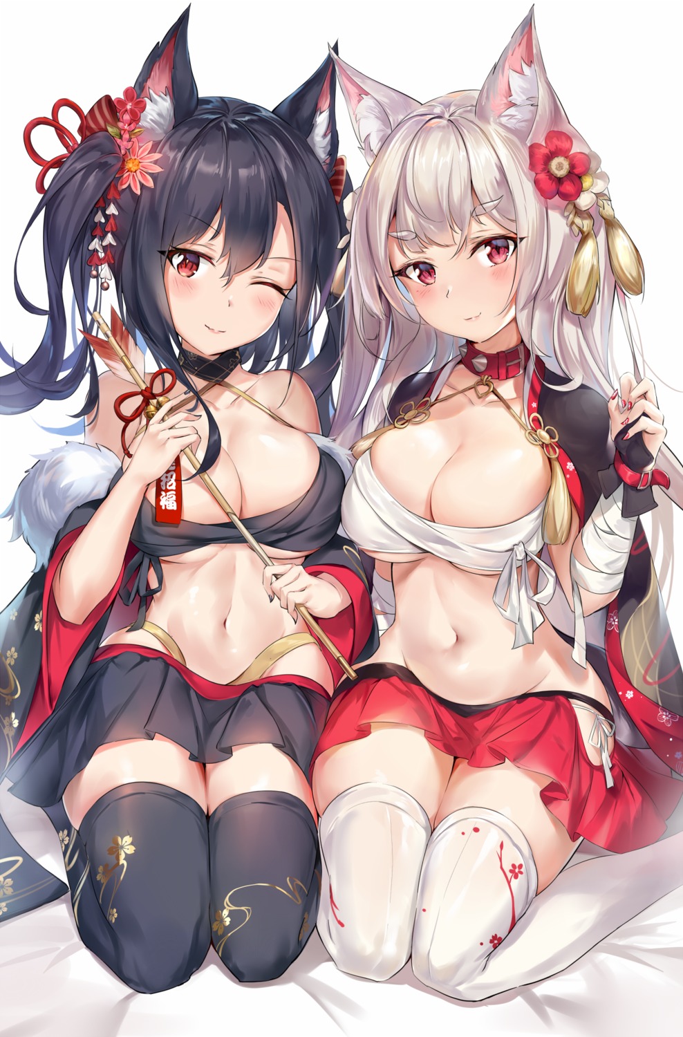 animal_ears azur_lane bandages breast_hold pantsu pdxen sarashi shigure_(azur_lane) string_panties thighhighs yuudachi_(azur_lane)