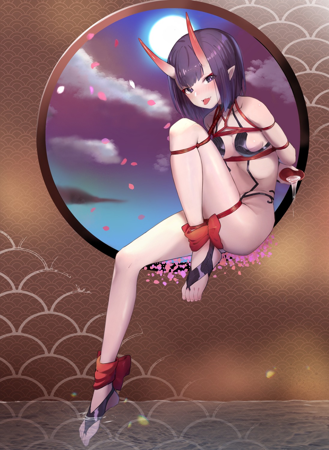 bondage fate/grand_order guangmi horns no_bra pointy_ears sake shuten_douji_(fate/grand_order) wet