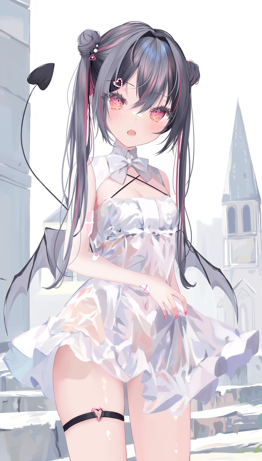 devil dress garter moemoepiano see_through skirt_lift tail wet wet_clothes wings