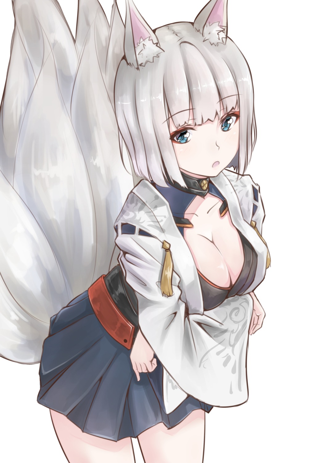 animal_ears azur_lane breast_hold cleavage japanese_clothes kaga_(azur_lane) kashikomo pointy_ears tail