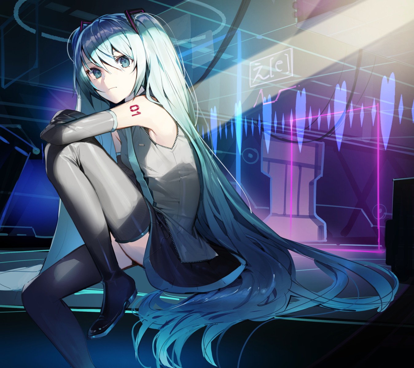 hatsune_miku kitada_mo skirt_lift tattoo thighhighs vocaloid