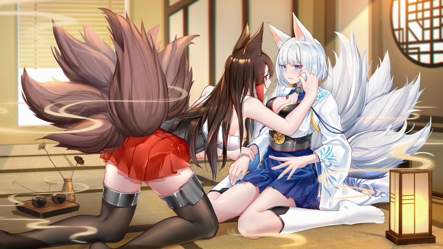 akagi_(azur_lane) animal_ears azur_lane cleavage kaga_(azur_lane) kitsune stardust_(chen'ai_weiding) tail thighhighs yuri