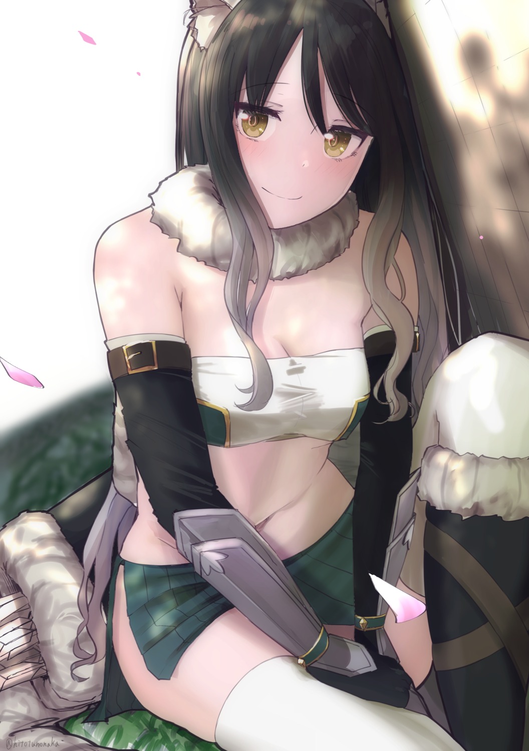 animal_ears armor hitotu_no_naka kashiwazaki_shiori no_bra princess_connect princess_connect!_re:dive skirt_lift thighhighs weapon