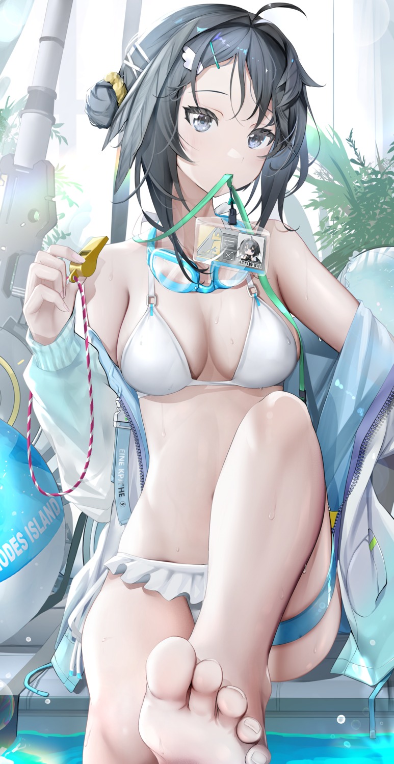 arknights artist_revision bikini epicnoob278 feet garter la_pluma_(arknights) open_shirt swimsuits wet