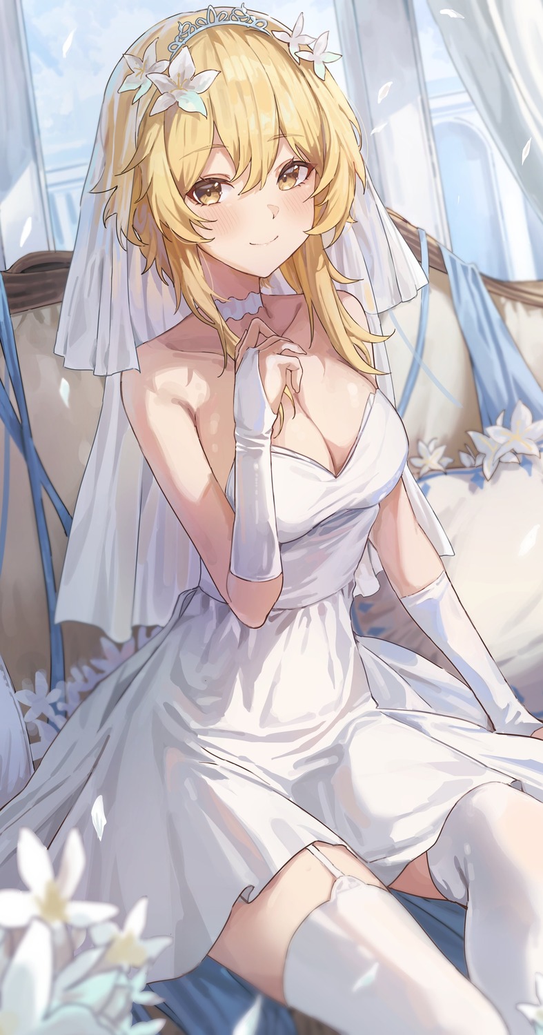 2gong_(9ujin_) cleavage dress genshin_impact lumine no_bra stockings thighhighs wedding_dress