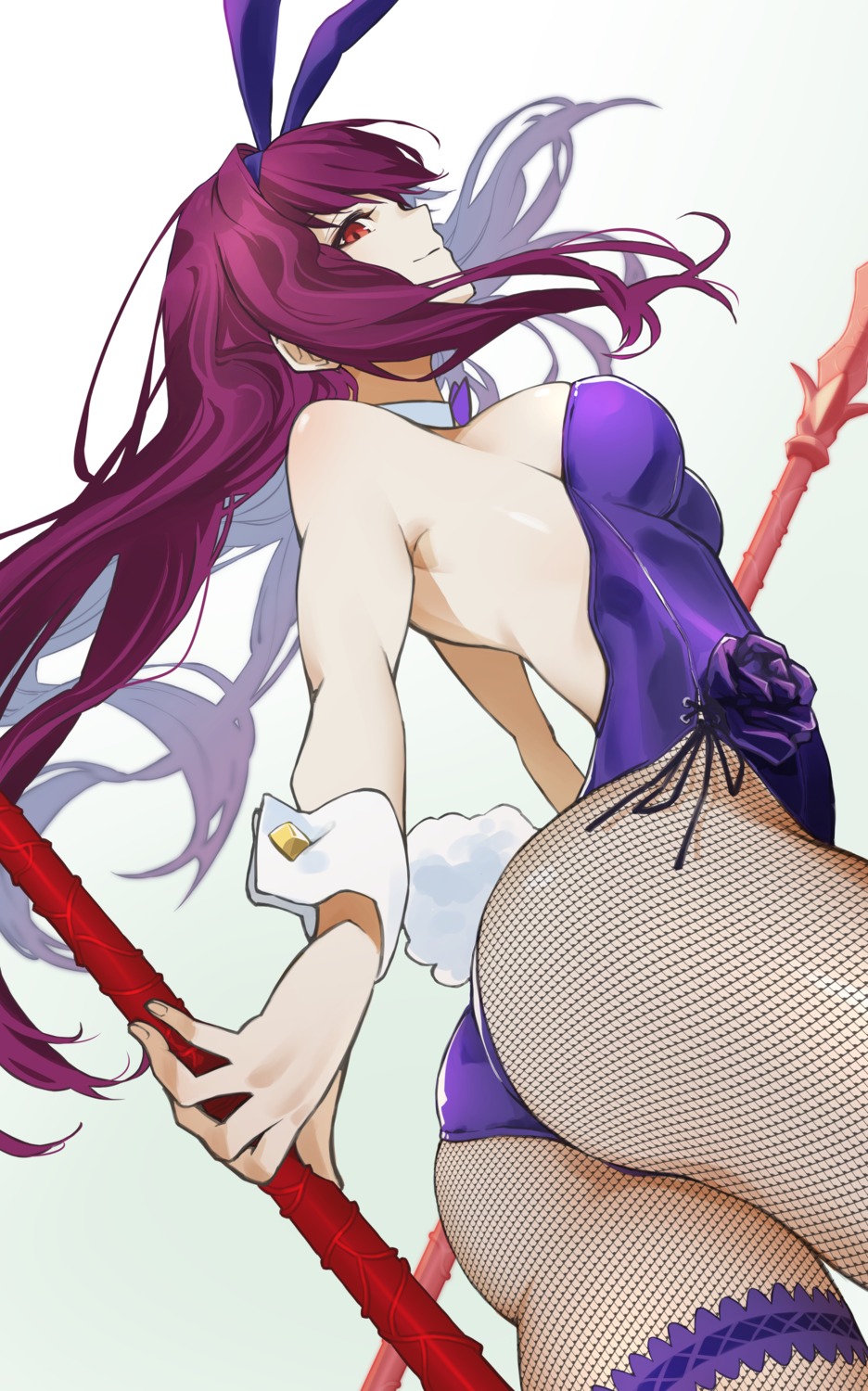 animal_ears ass bunny_ears bunny_girl fate/grand_order fishnets garter no_bra omagacchu pantyhose scathach_(fate/grand_order) tail weapon