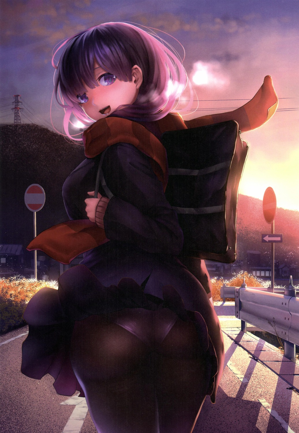 ass botan_mochito pantsu pantyhose seifuku skirt_lift sweater wardrobe_malfunction