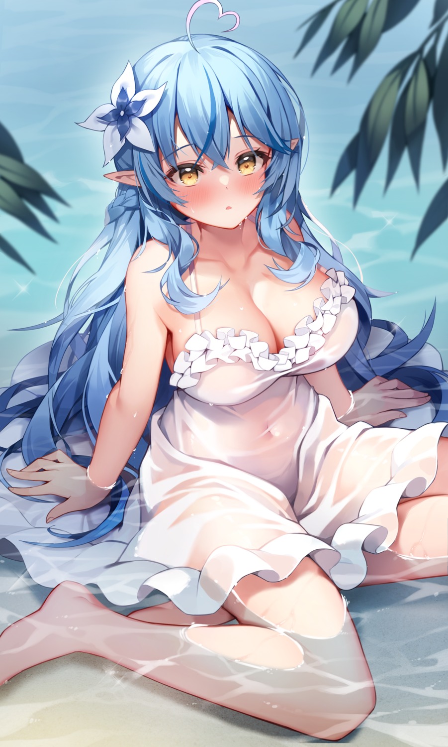 dress elf hololive no_bra pinki_o64 pointy_ears see_through summer_dress wet wet_clothes yukihana_lamy