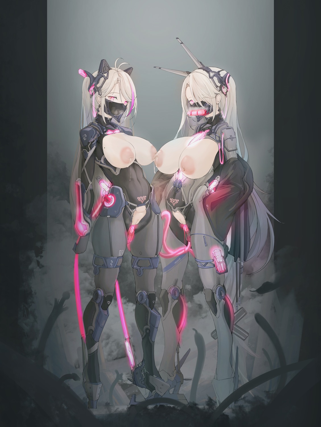 animal_ears azur_lane bodysuit breasts garter heels horns lactation mecha_musume nipples no_bra nopan prinz_eugen_(azur_lane) prinz_heinrich_(azur_lane) pussy pussy_juice symmetrical_docking tail tattoo uncensored yusha_(m-gata)