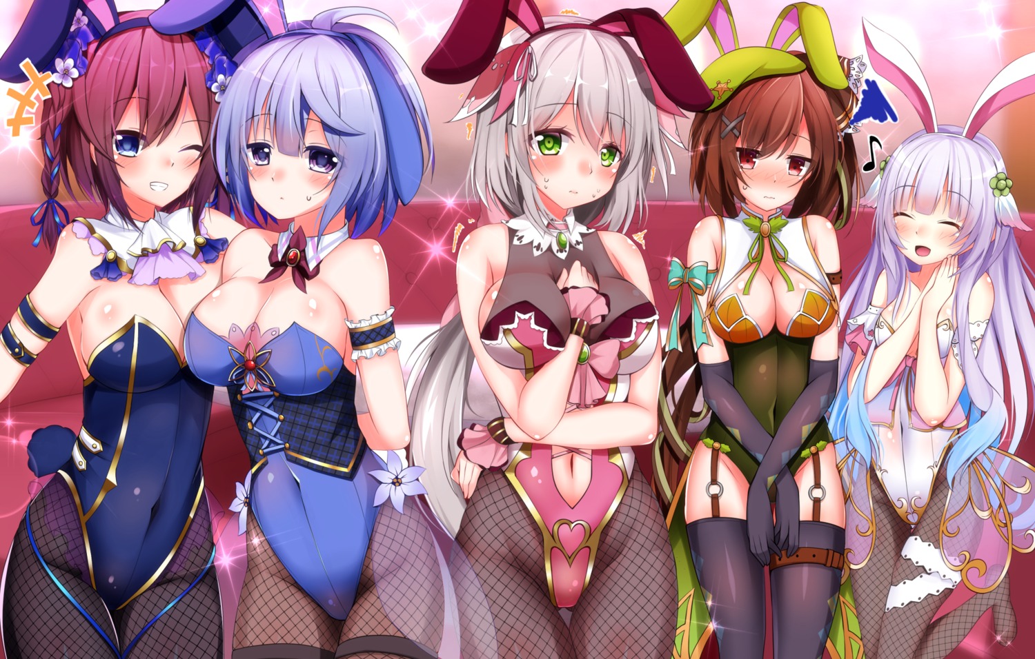 animal_ears bunny_ears bunny_girl cleavage fishnets flower_knight_girl garter ipheion_(flower_knight_girl) itosugi_(flower_knight_girl) nemunoki_(flower_knight_girl) no_bra pantyhose see_through serruria_(flower_knight_girl) shironeko_haru statice_(flower_knight_girl) stockings tail thighhighs