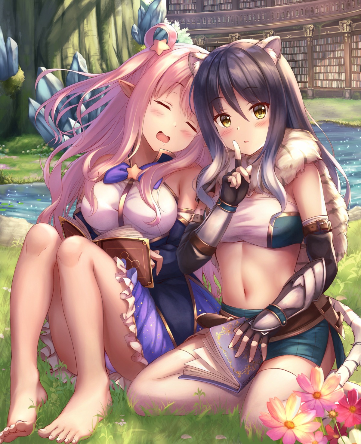 animal_ears armor cleavage dress feet kashiwazaki_hatsune kashiwazaki_shiori pantsu pointy_ears princess_connect princess_connect!_re:dive skirt_lift tail thighhighs yuririn_poi