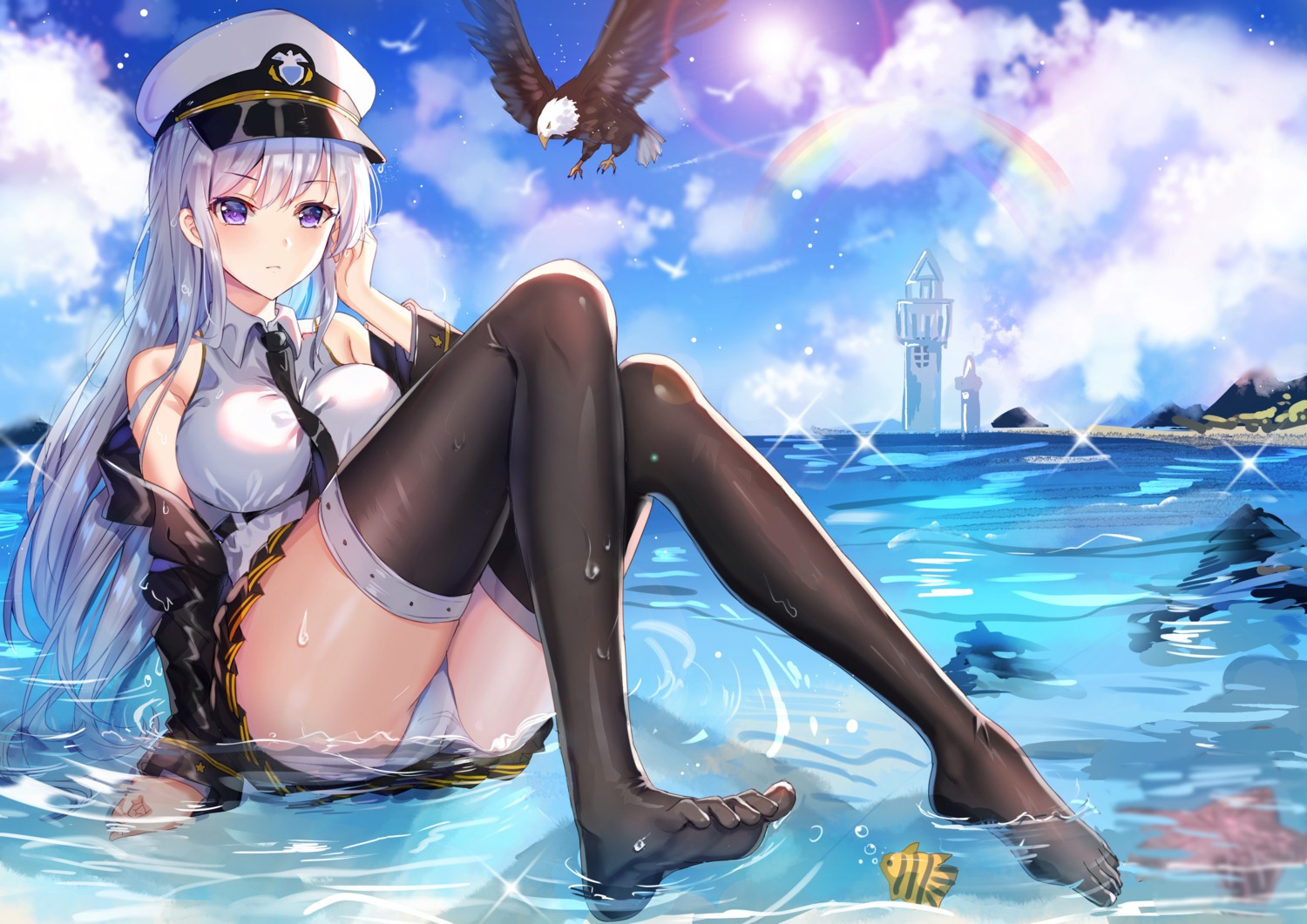 azur_lane enterprise_(azur_lane) feet pantsu shanguier skirt_lift thighhighs uniform wet wet_clothes