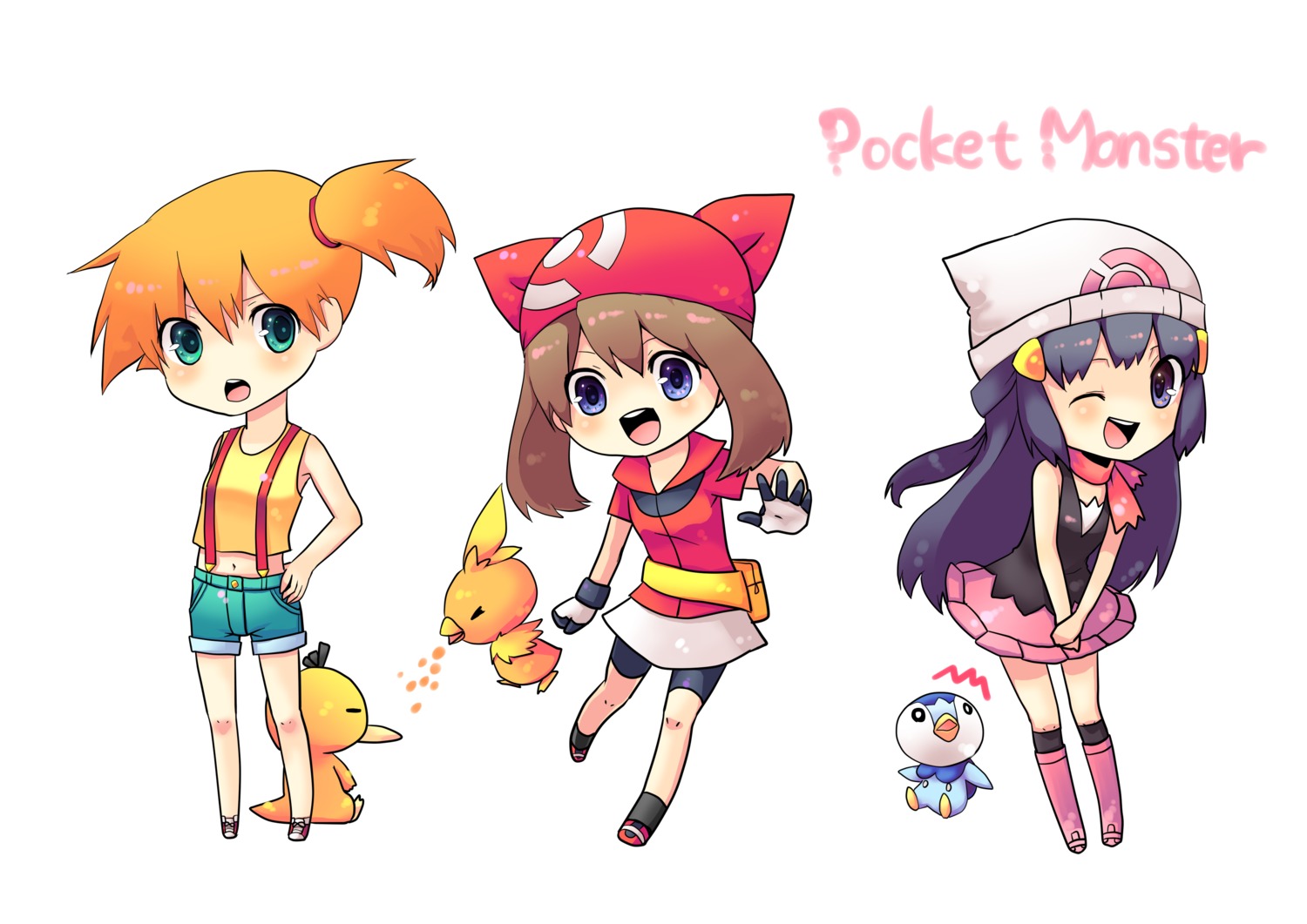 chibi haruka_(pokemon) hikari_(pokemon) kasumi_(pokemon) milliebell piplup pokemon pokemon_bdsp pokemon_dppt pokemon_frlg pokemon_oras pokemon_rgby pokemon_rse psyduck torchic