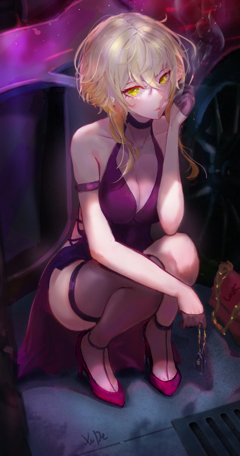 dress genshin_impact heels lumine no_bra skirt_lift smoking thighhighs xude