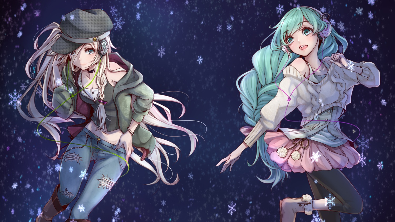 hatsune_miku headphones ia_(vocaloid) masami_chie pantyhose vocaloid