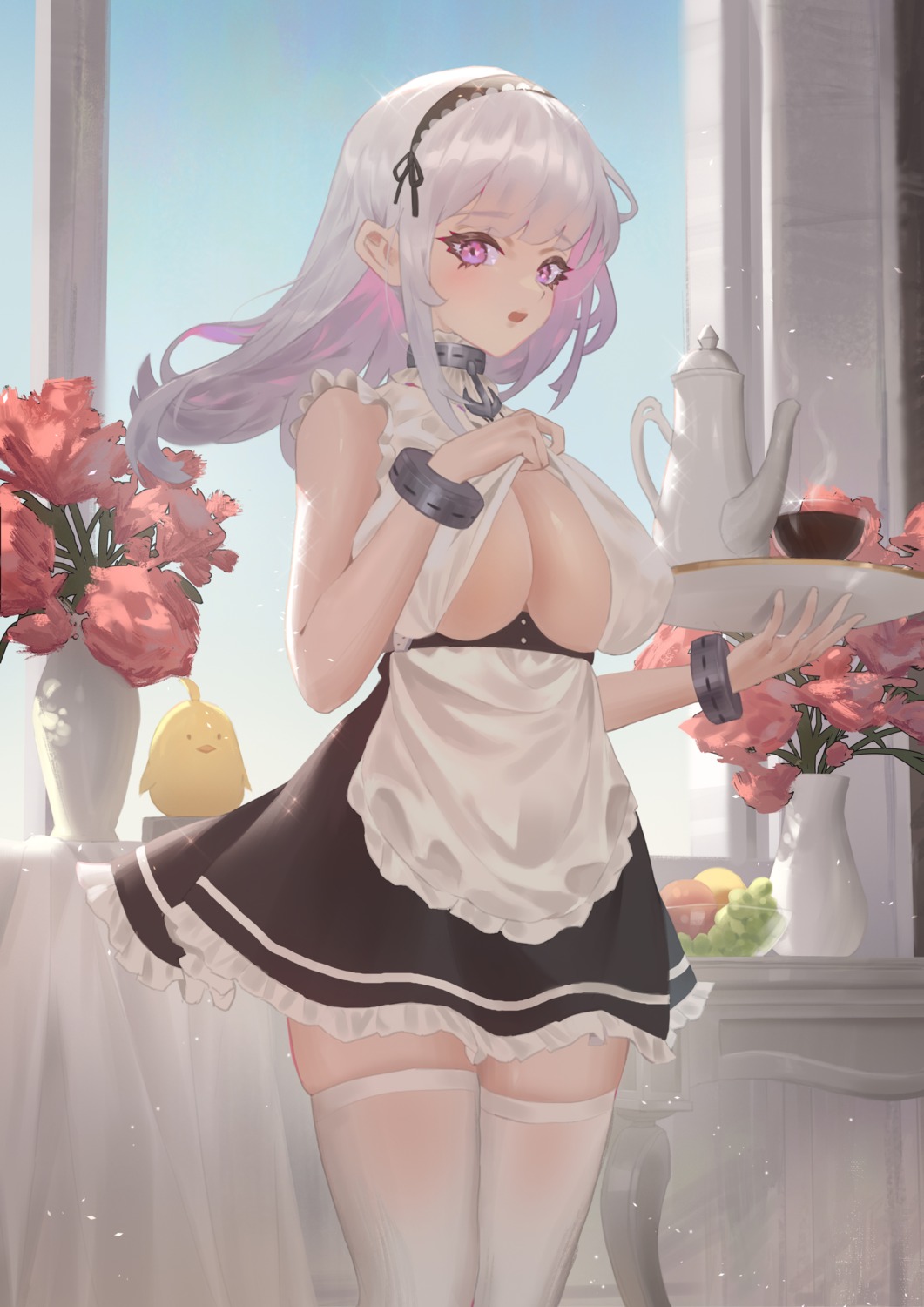 azur_lane cirilla dido_(azur_lane) maid manjuu_(azur_lane) no_bra shirt_lift thighhighs undressing