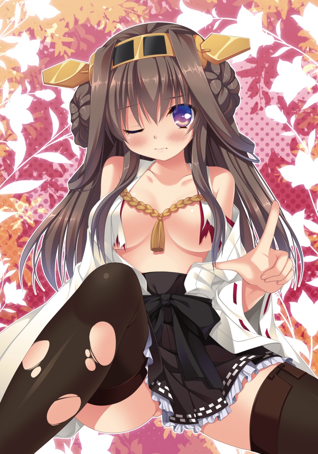 hinoue_itaru kantai_collection kongou_(kancolle) no_bra open_shirt skirt_lift thighhighs torn_clothes