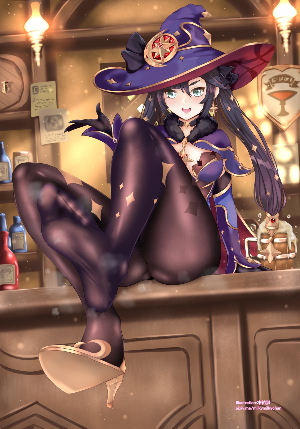 feet genshin_impact heels incro300 mona_megistus no_bra nopan pantyhose witch