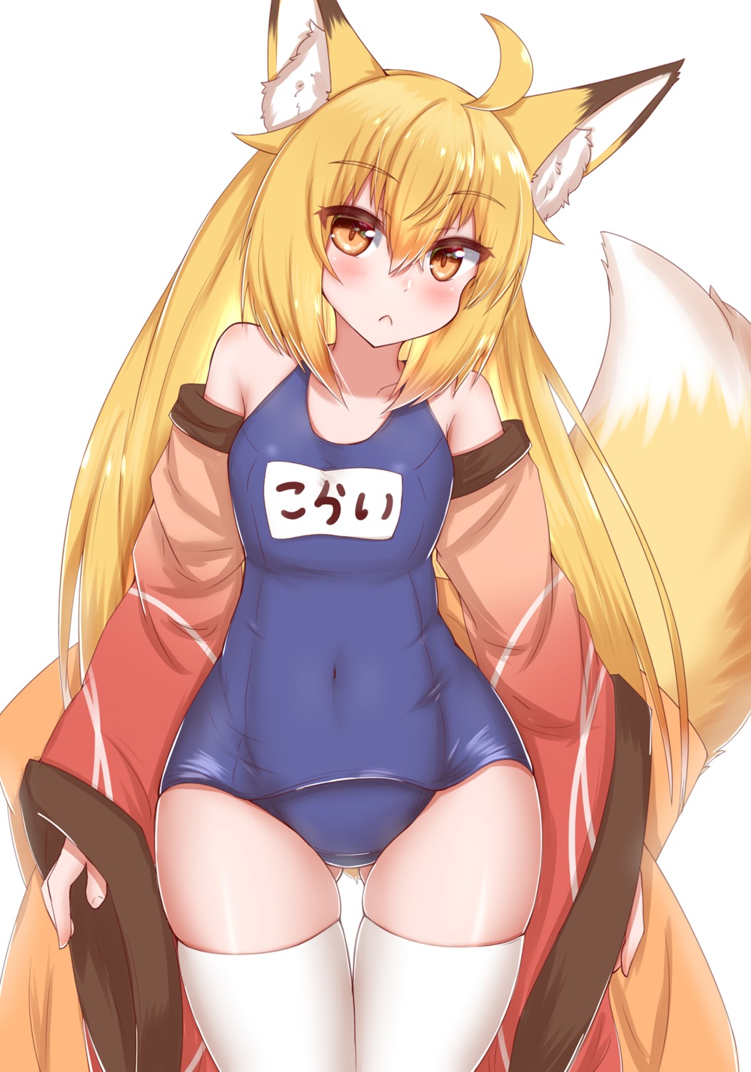 animal_ears horokusa japanese_clothes kitsune school_swimsuit swimsuits tail thighhighs