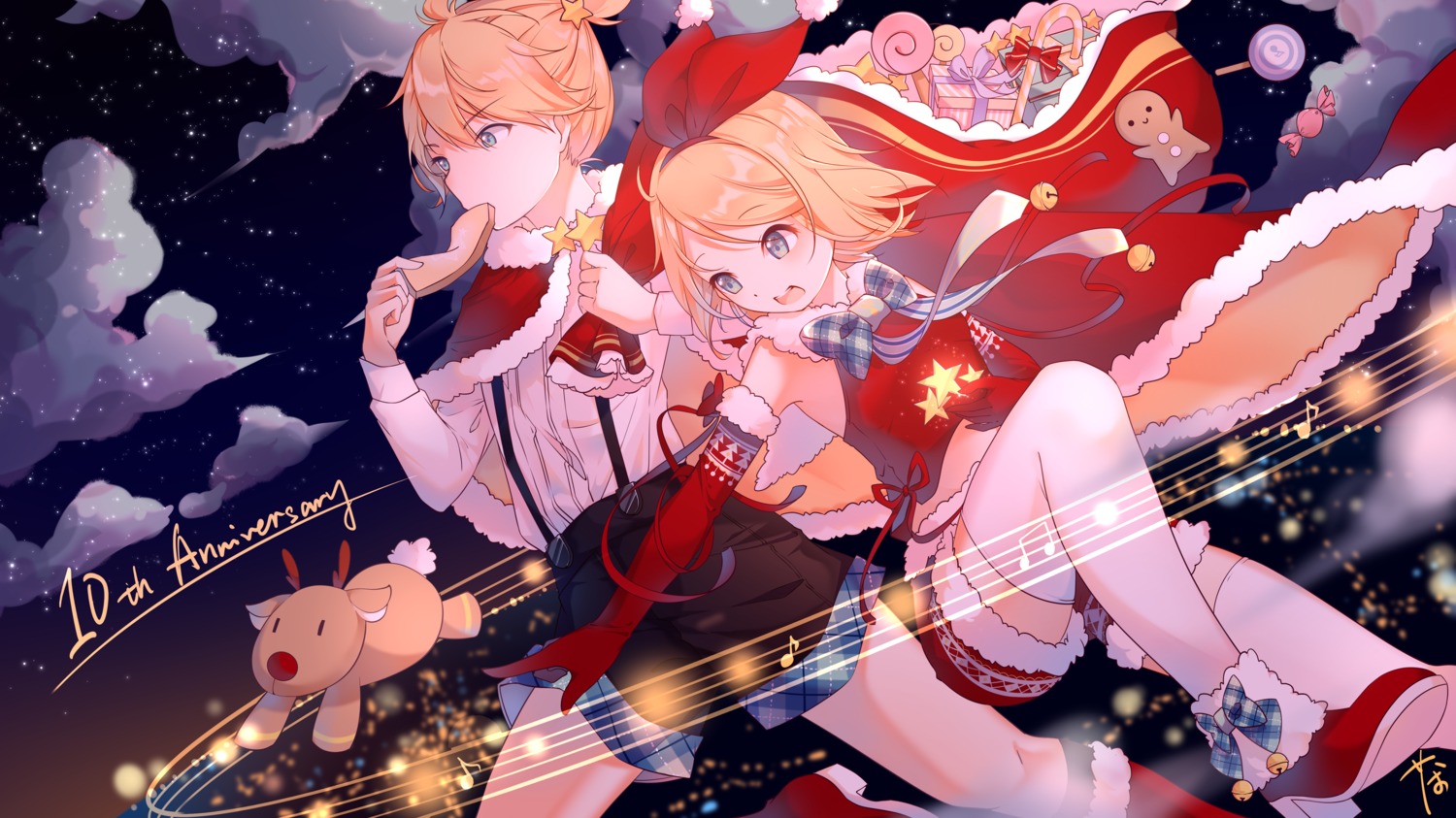 chaji_xiao_bai christmas heels kagamine_len kagamine_rin thighhighs vocaloid