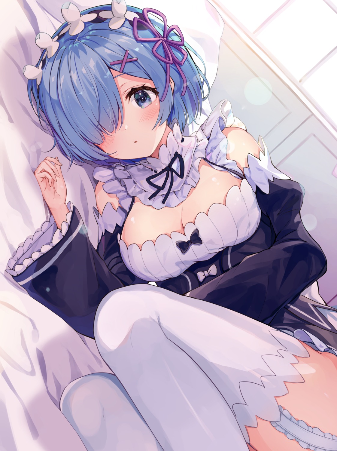 cleavage maid racchi. re_zero_kara_hajimeru_isekai_seikatsu rem_(re_zero) skirt_lift stockings thighhighs