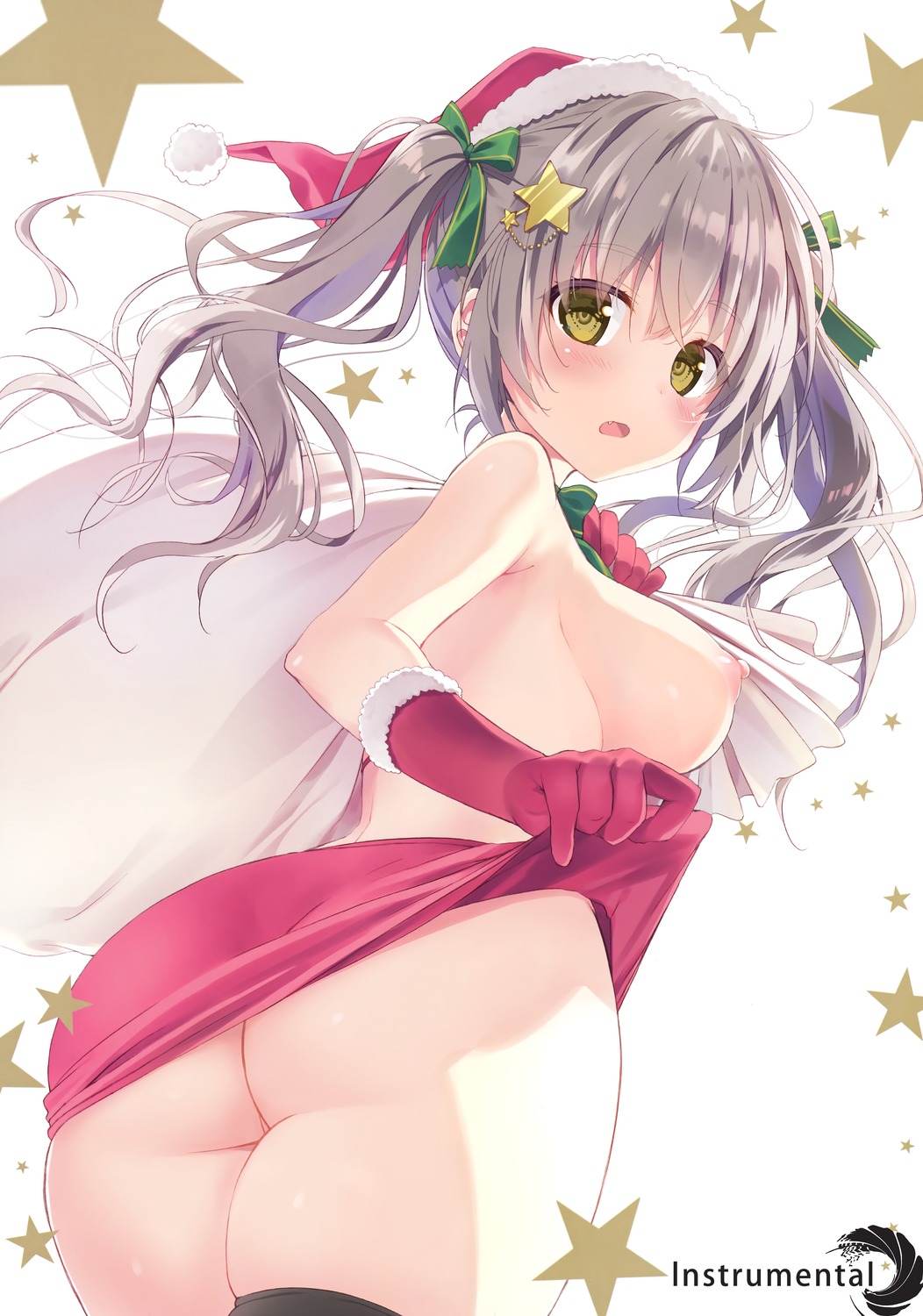 christmas nipples ryohka skirt_lift thighhighs topless watermark