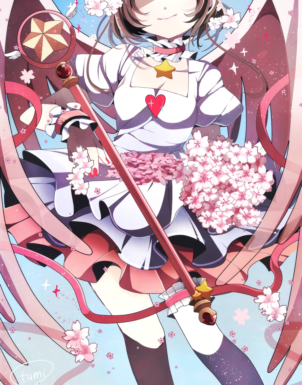 card_captor_sakura cleavage dress fumiko_(miruyuana) kinomoto_sakura weapon wings