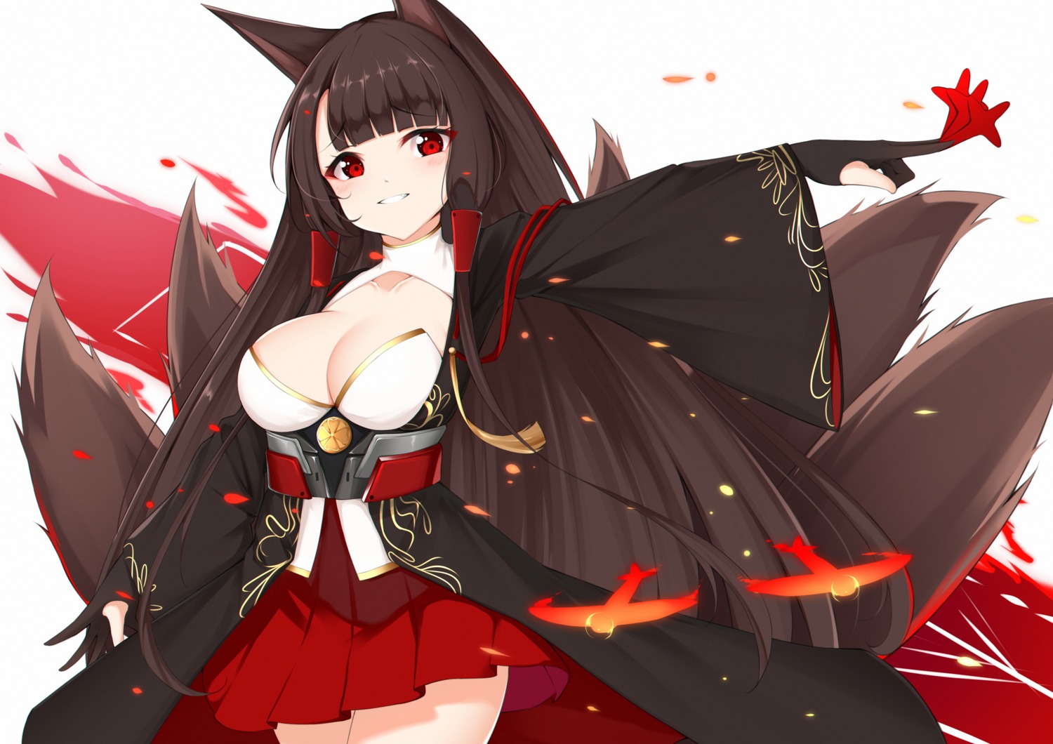 akagi_(azur_lane) animal_ears azur_lane cat_(yidsv) cleavage duplicate japanese_clothes kitsune no_bra tail