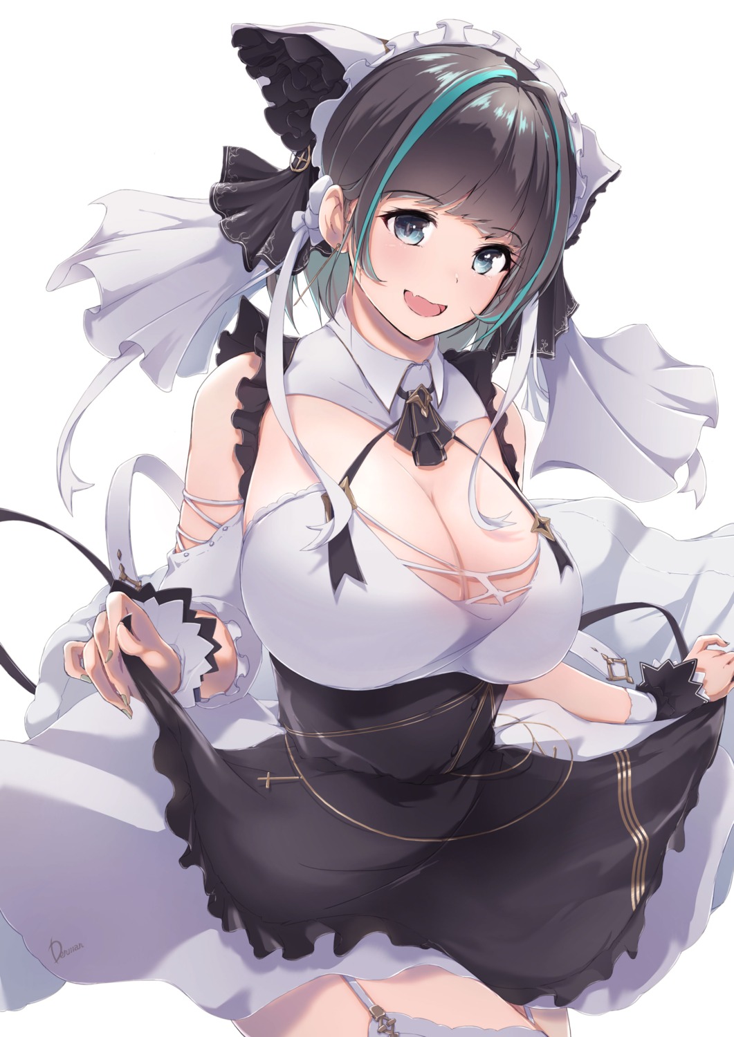 azur_lane cheshire_(azur_lane) cleavage dermar maid skirt_lift stockings thighhighs