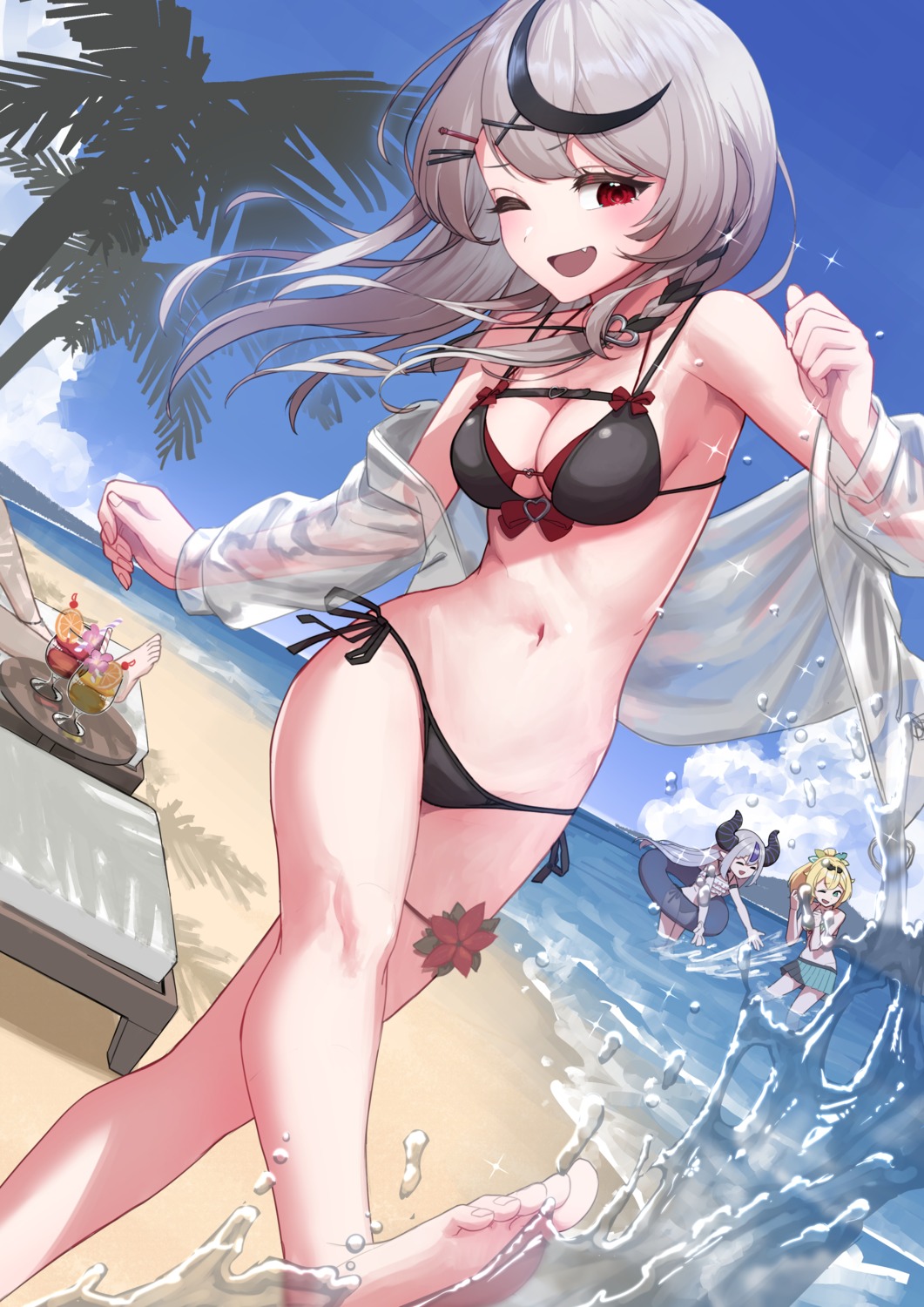 arimoto_wataru bikini devil garter hololive horns kazama_iroha la+_darknesss open_shirt pointy_ears sakamata_chloe see_through swimsuits takane_lui wet wings