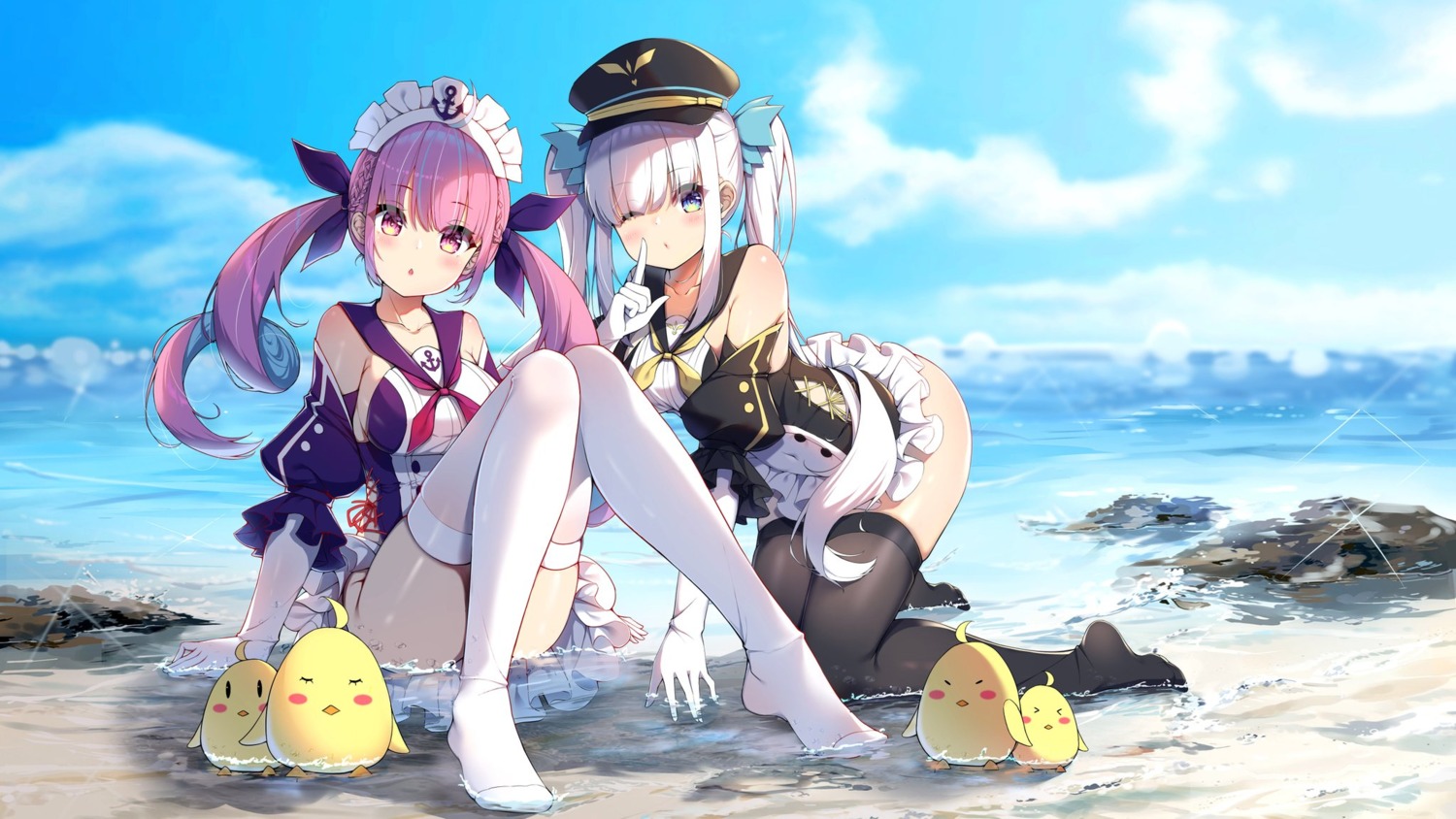 akinatsu_meguru azur_lane crossover feet hololive jpeg_artifacts kagura_mea kagura_mea_channel maid manjuu_(azur_lane) minato_aqua skirt_lift thighhighs wet