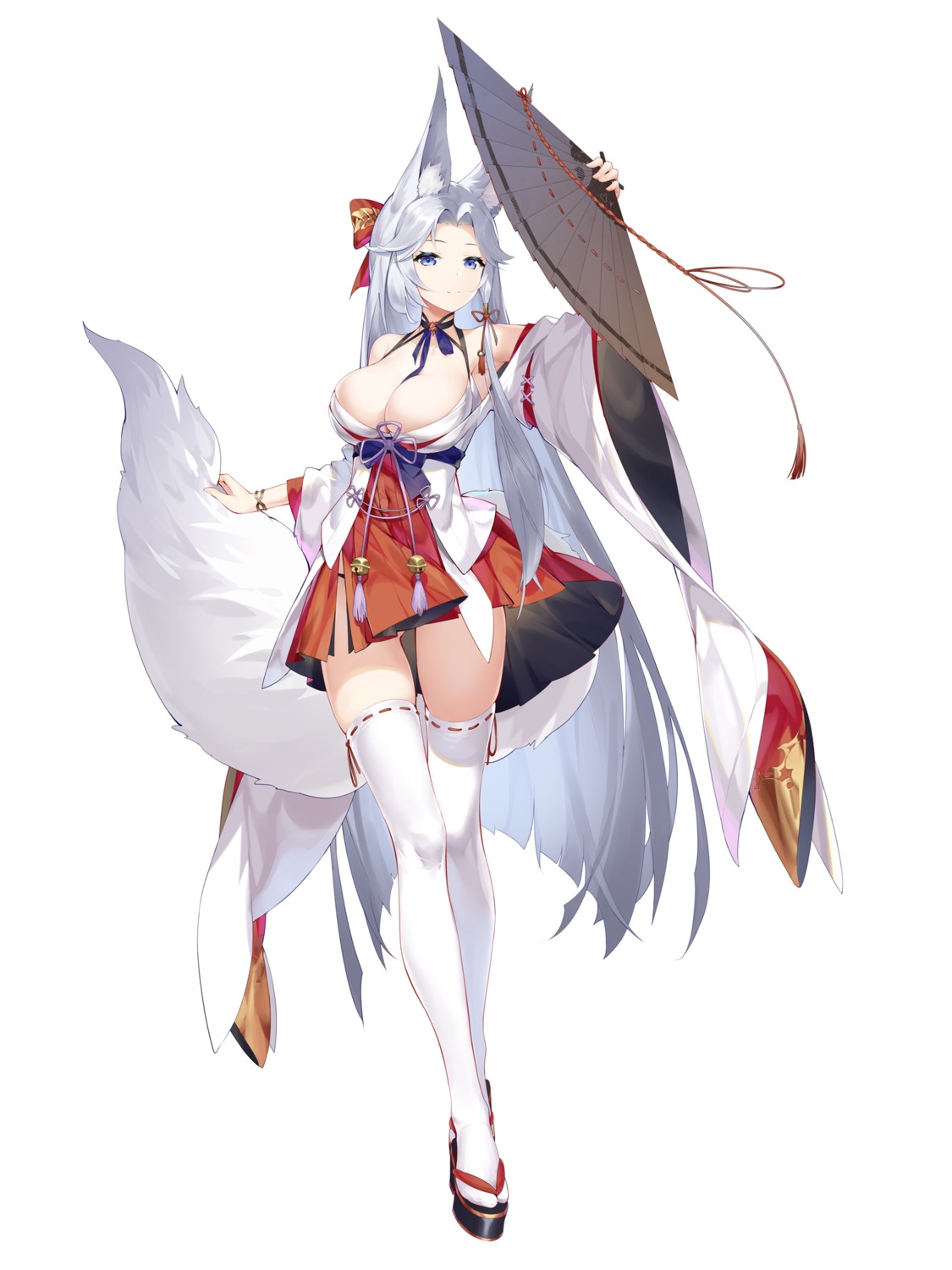 animal_ears cro_(pixiv14643743) japanese_clothes kitsune no_bra open_shirt tail thighhighs