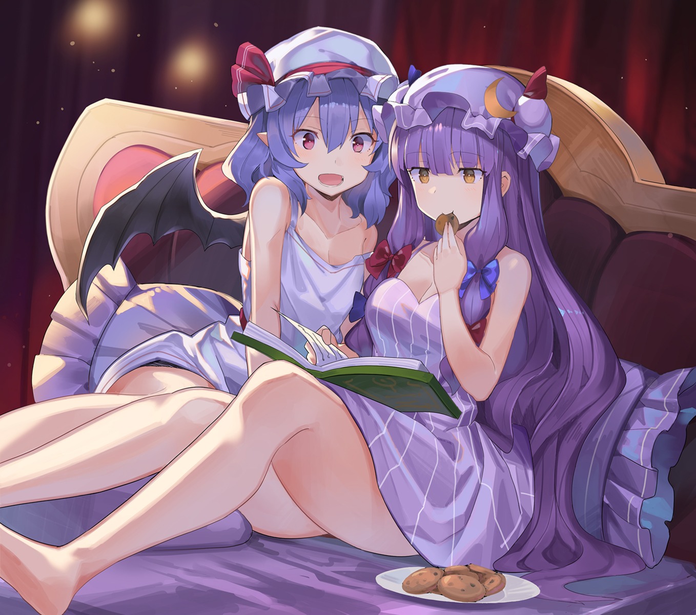 cleavage dress patchouli_knowledge pointy_ears remilia_scarlet rin_falcon skirt_lift touhou wings