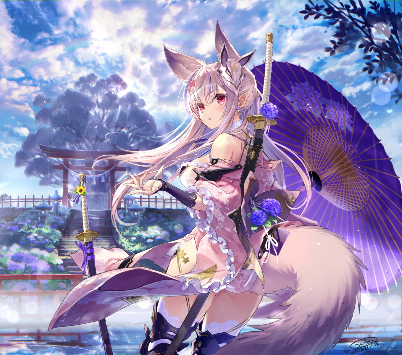 animal_ears armor japanese_clothes kitsune sanbasou skirt_lift sword tail thighhighs umbrella