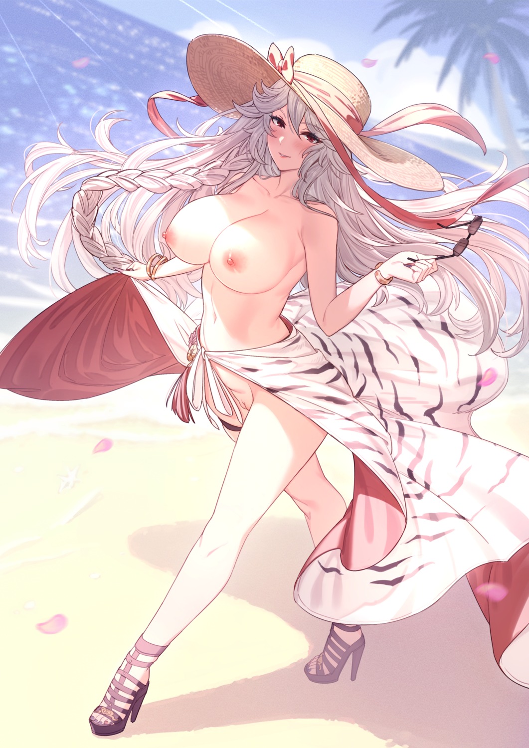 garter granblue_fantasy heels magisa_(granblue_fantasy) nipples nopan pussy skirt_lift topless uncensored yellowpaint.