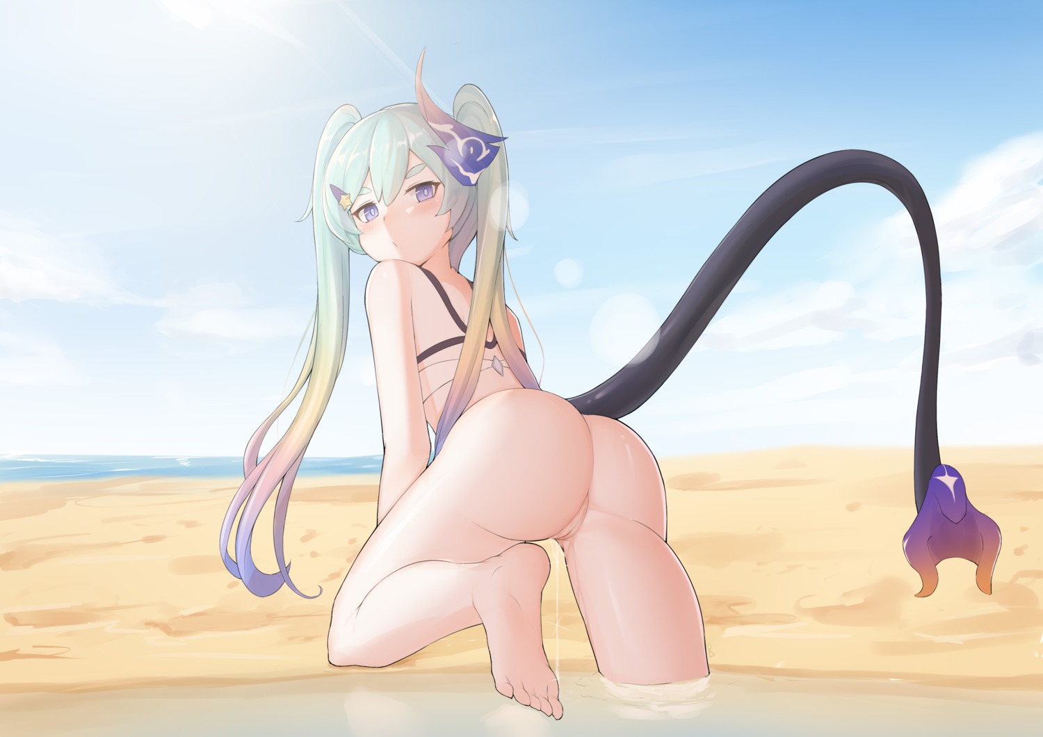 ass benghuai_xueyuan bikini_top feet honkai_impact horns liliya_olenyeva lrichle pussy pussy_juice swimsuits tail uncensored wet