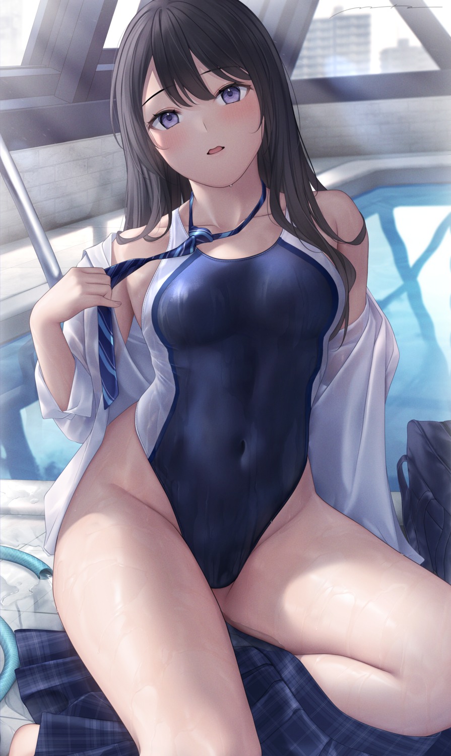 mhru see_through seifuku swimsuits undressing wet wet_clothes