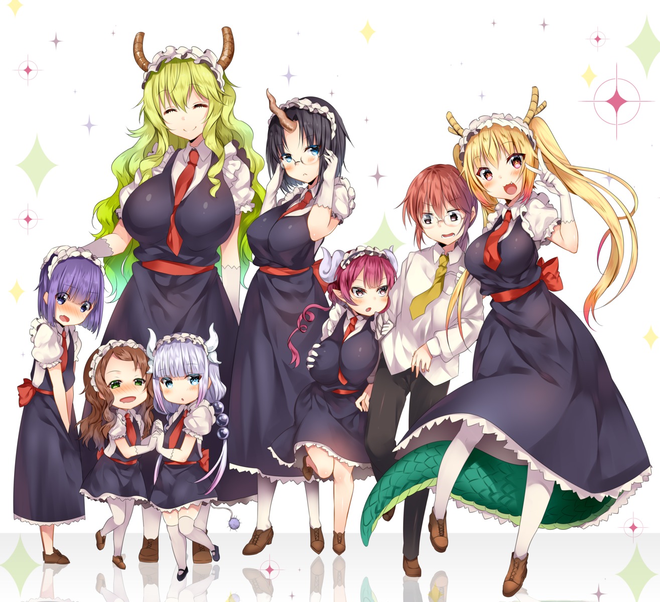 animal_ears elma_(maidragon) heels horns kanna_kamui kobayashi-san_chi_no_maidragon kobayashi_(maidragon) maid megane quetzalcoatl_(maidragon) tail thighhighs tooru_(maidragon) usagihime