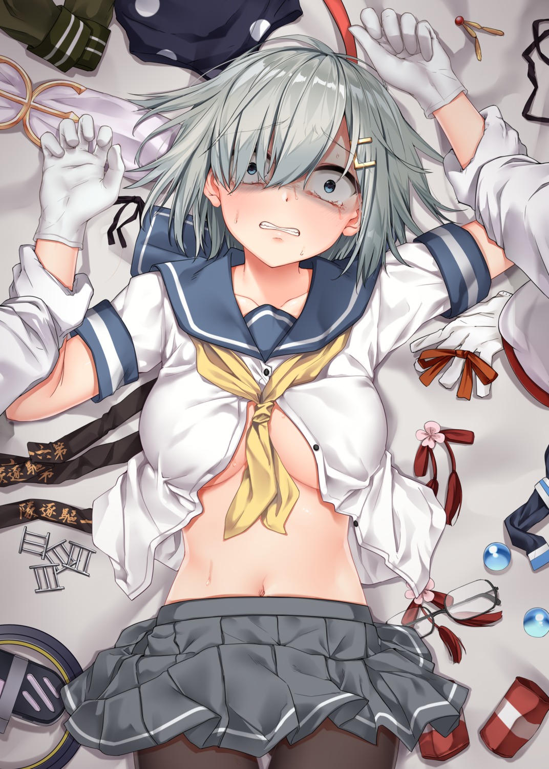 hamakaze_(kancolle) jack_dempa kantai_collection no_bra open_shirt pantyhose seifuku underboob