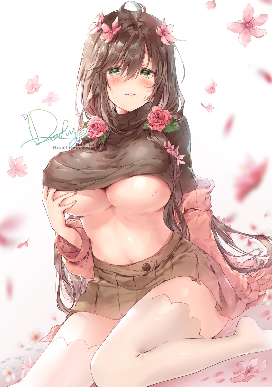 breast_hold no_bra odaefnyo shirt_lift sweater thighhighs underboob