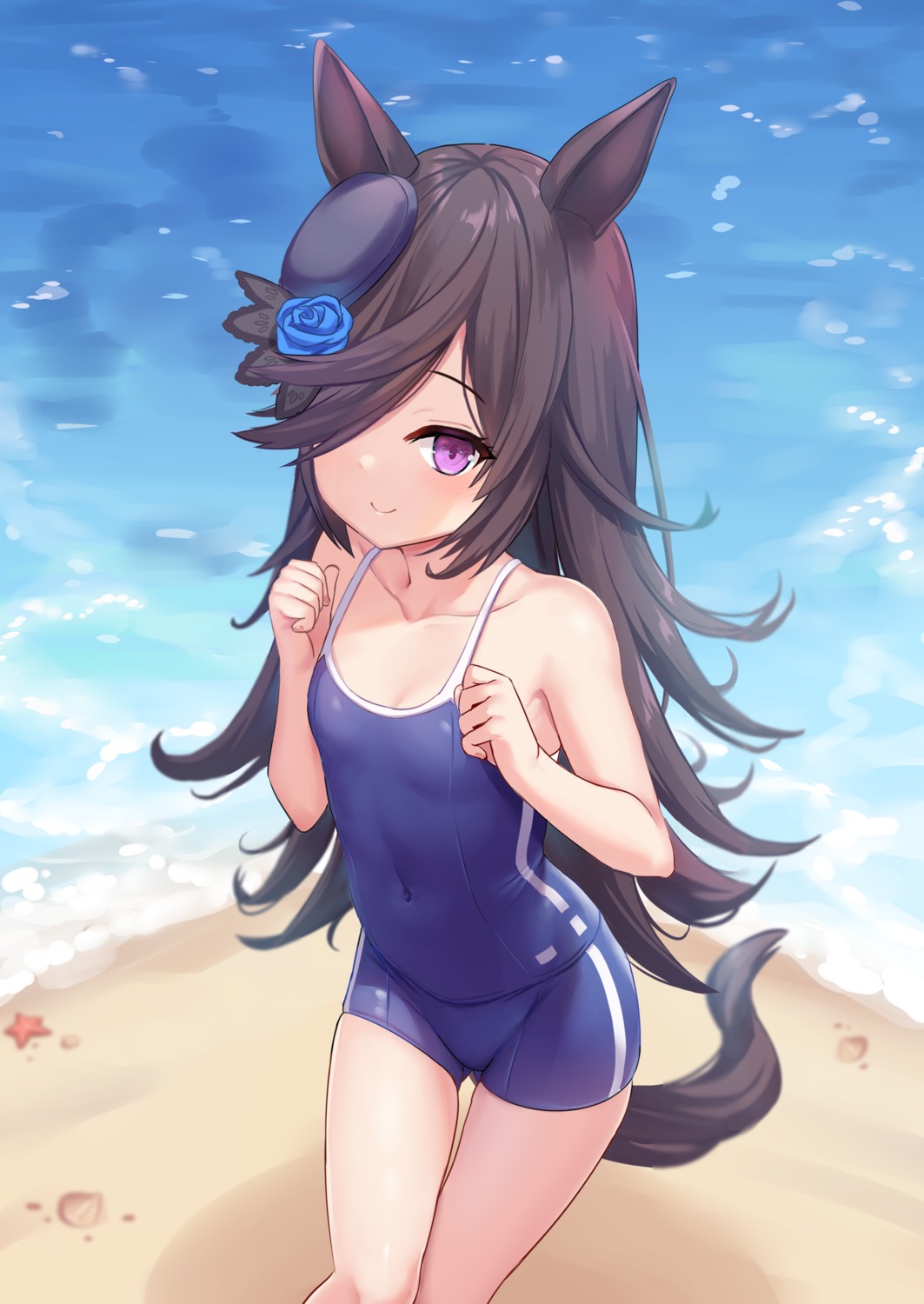 animal_ears cleavage milkshake_(artist) rice_shower_(umamusume) school_swimsuit swimsuits tail uma_musume_pretty_derby