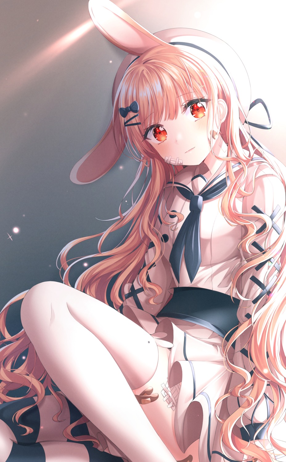 animal_ears bandaid bunny_ears seifuku skirt_lift thighhighs umyo_(uu_o3o_8)