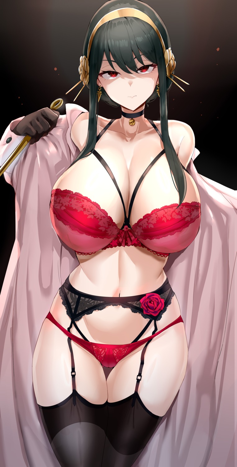 bra garter_belt lingerie maruyaa_(malya1006) open_shirt pantsu spy_x_family stockings thighhighs weapon yor_briar