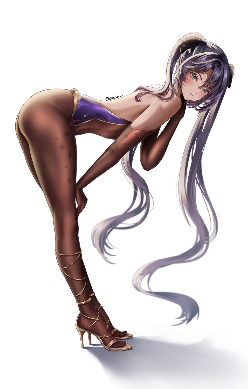 genshin_impact heels leotard mona_megistus no_bra pantyhose wonnikon